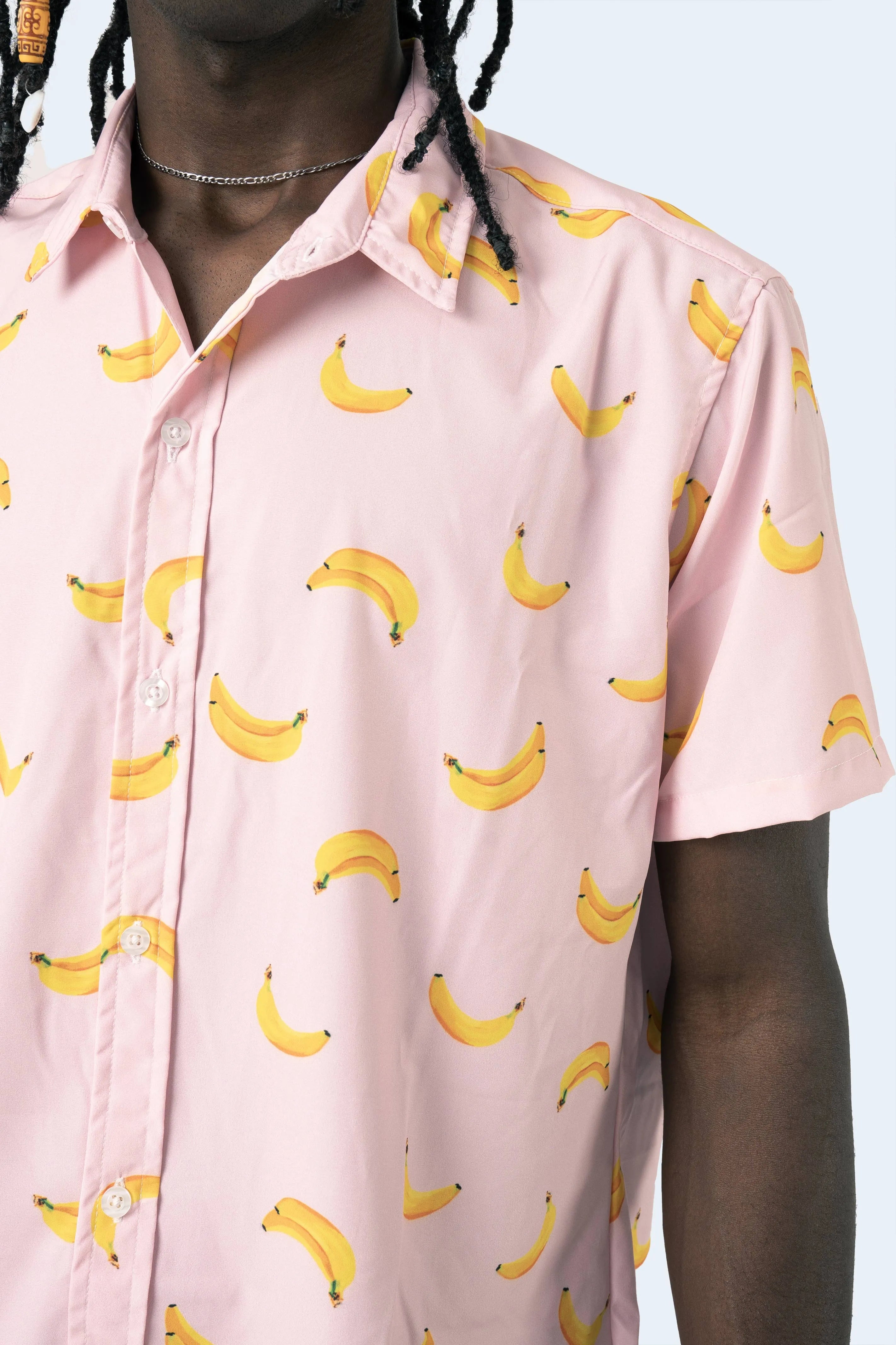 CAMISA DE BOTONES ROSA BANANOS - PIXELCAMISETAS