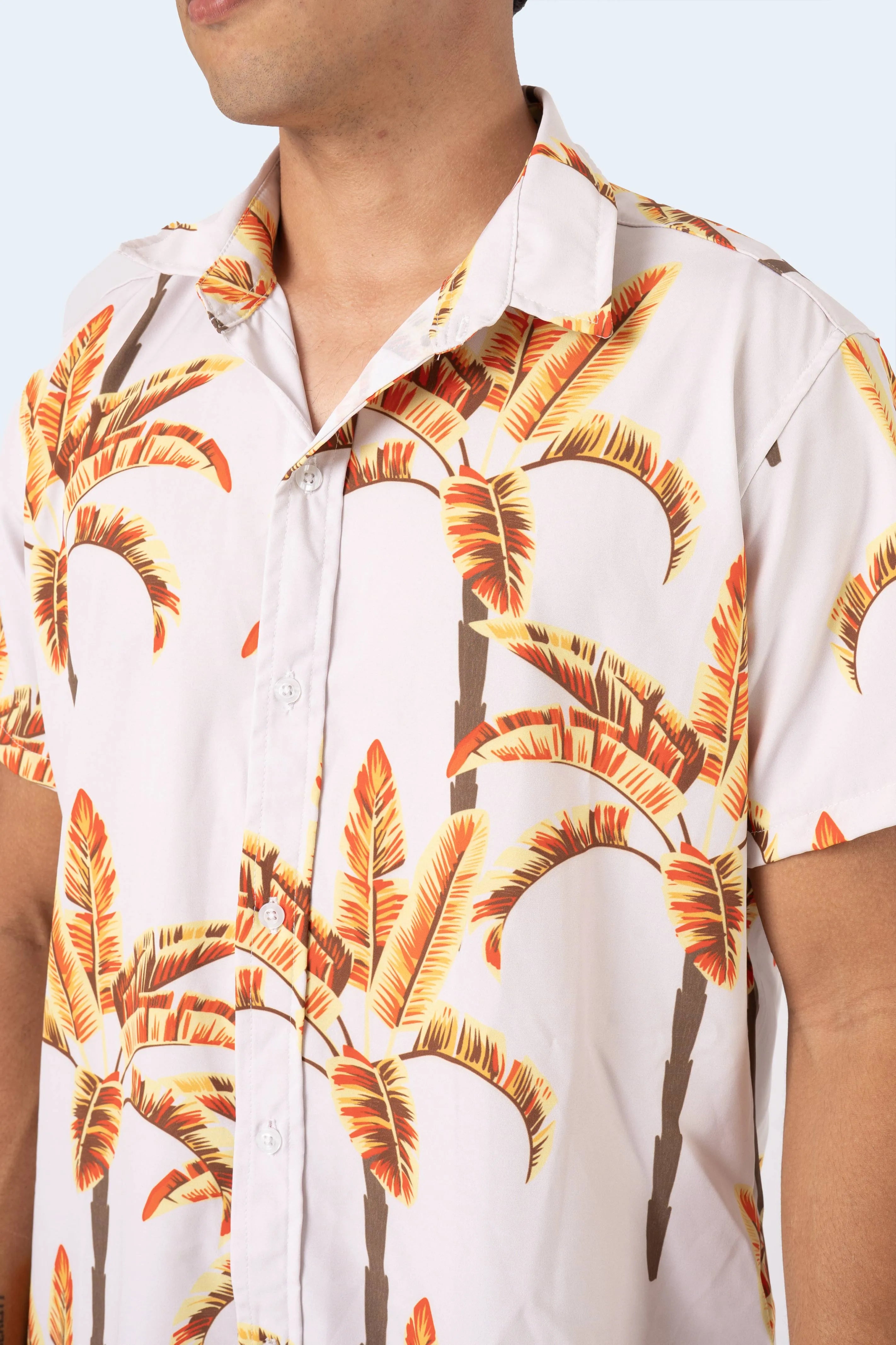 CAMISA DE BOTONES BEIGE PALMERAS - PIXELCAMISETAS
