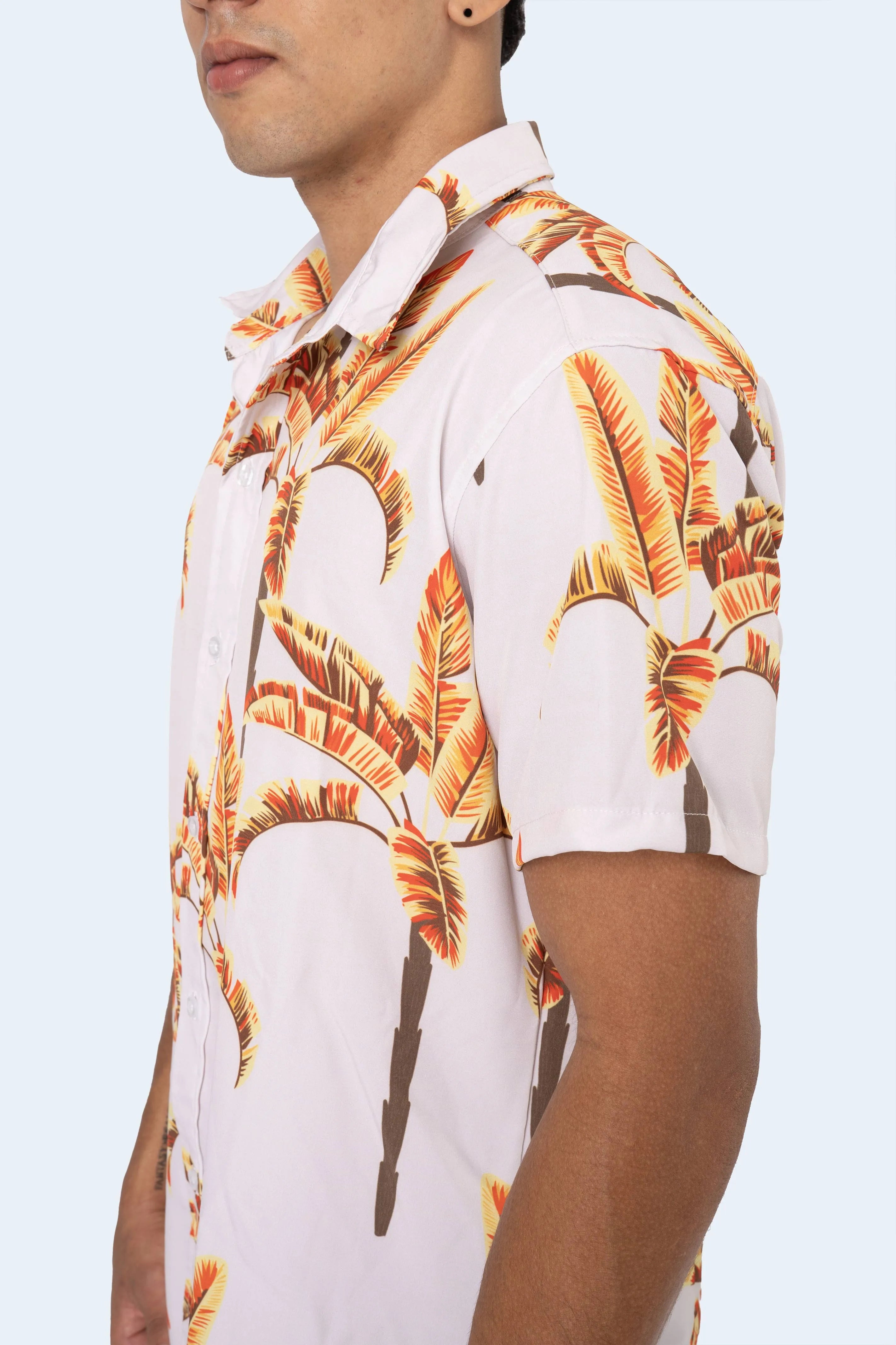 CAMISA DE BOTONES BEIGE PALMERAS - PIXELCAMISETAS