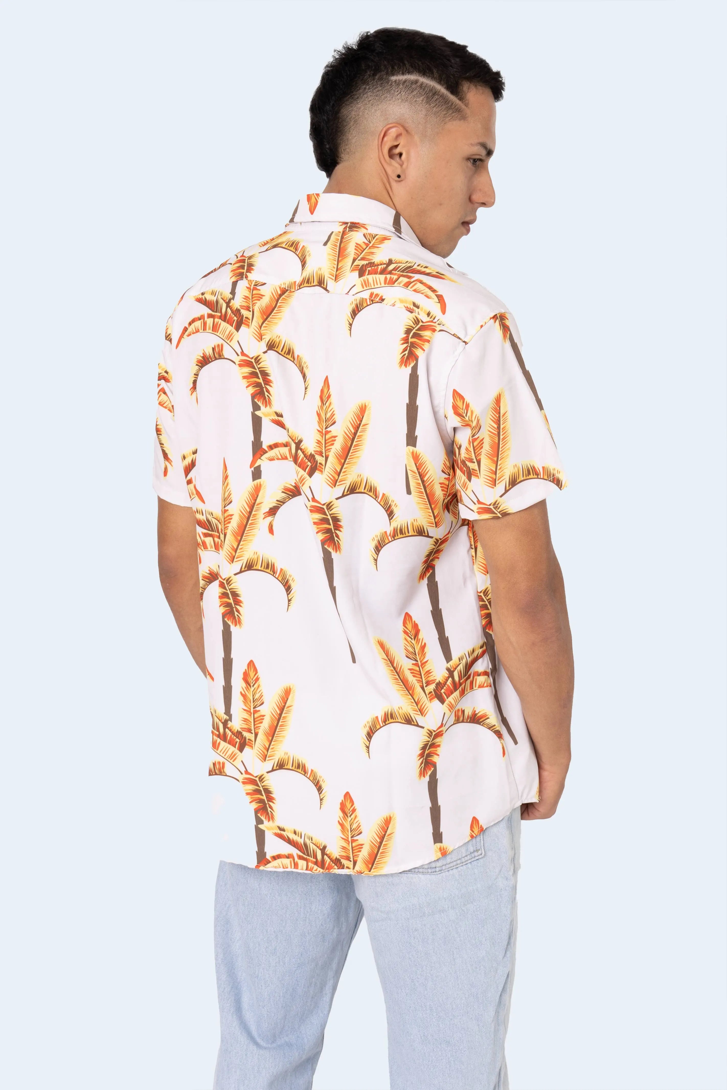 CAMISA DE BOTONES BEIGE PALMERAS - PIXELCAMISETAS