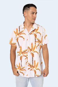 CAMISA DE BOTONES BEIGE PALMERAS - PIXELCAMISETAS