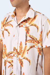 CAMISA DE BOTONES BEIGE PALMERAS - PIXELCAMISETAS