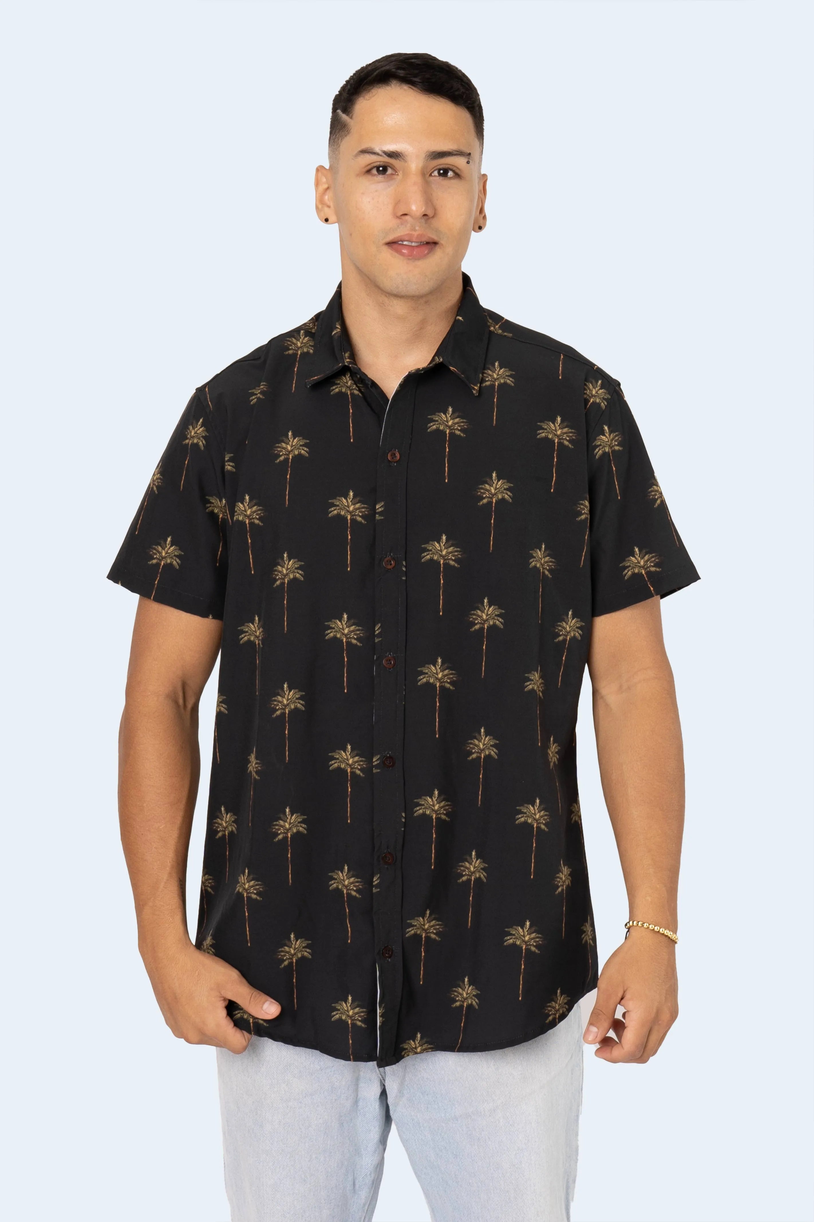CAMISA DE BOTONES NEGRA PALMAS - PIXELCAMISETAS