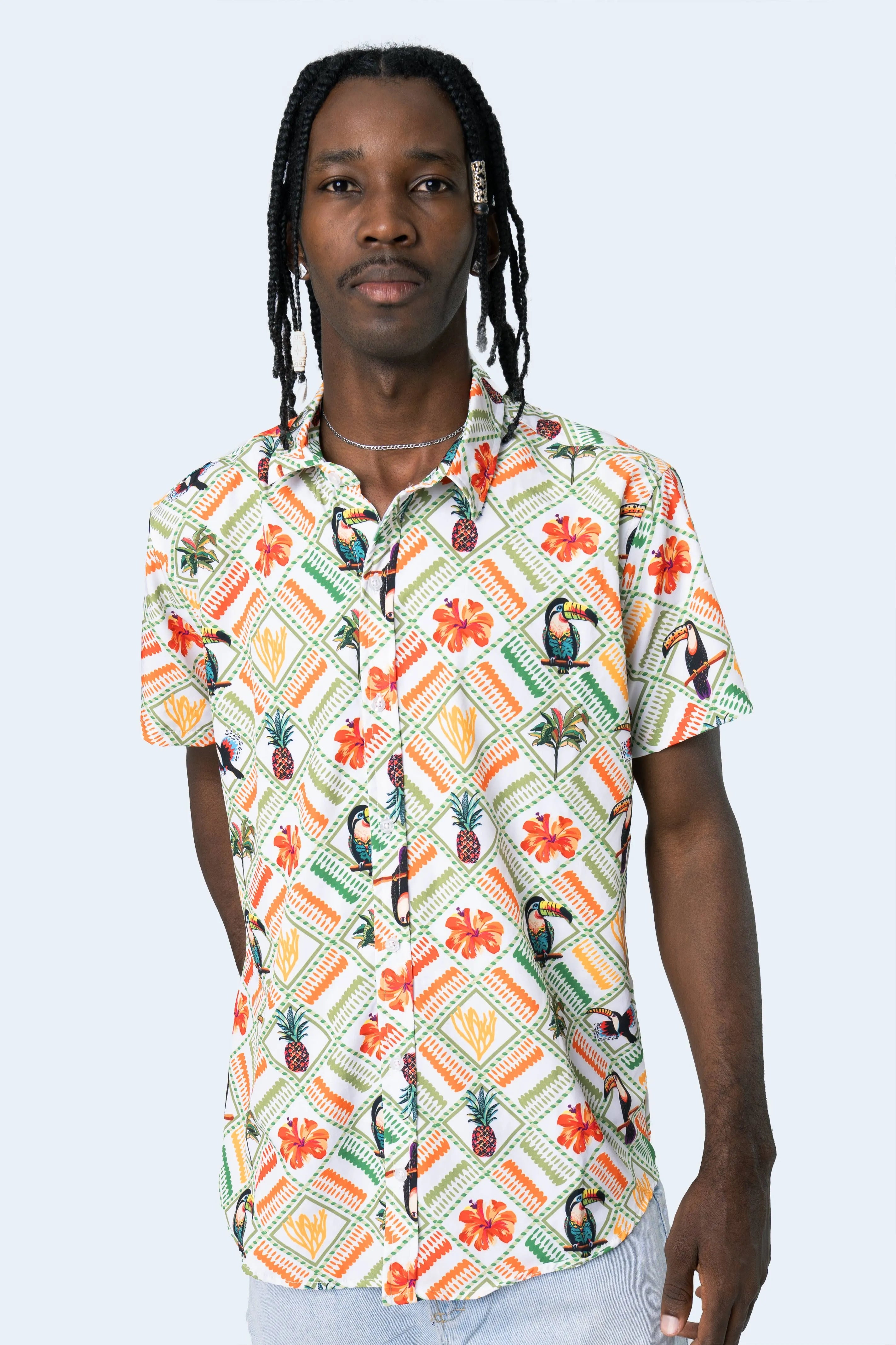 CAMISA DE BOTONES BLANCA TROPICAL MIX - PIXELCAMISETAS