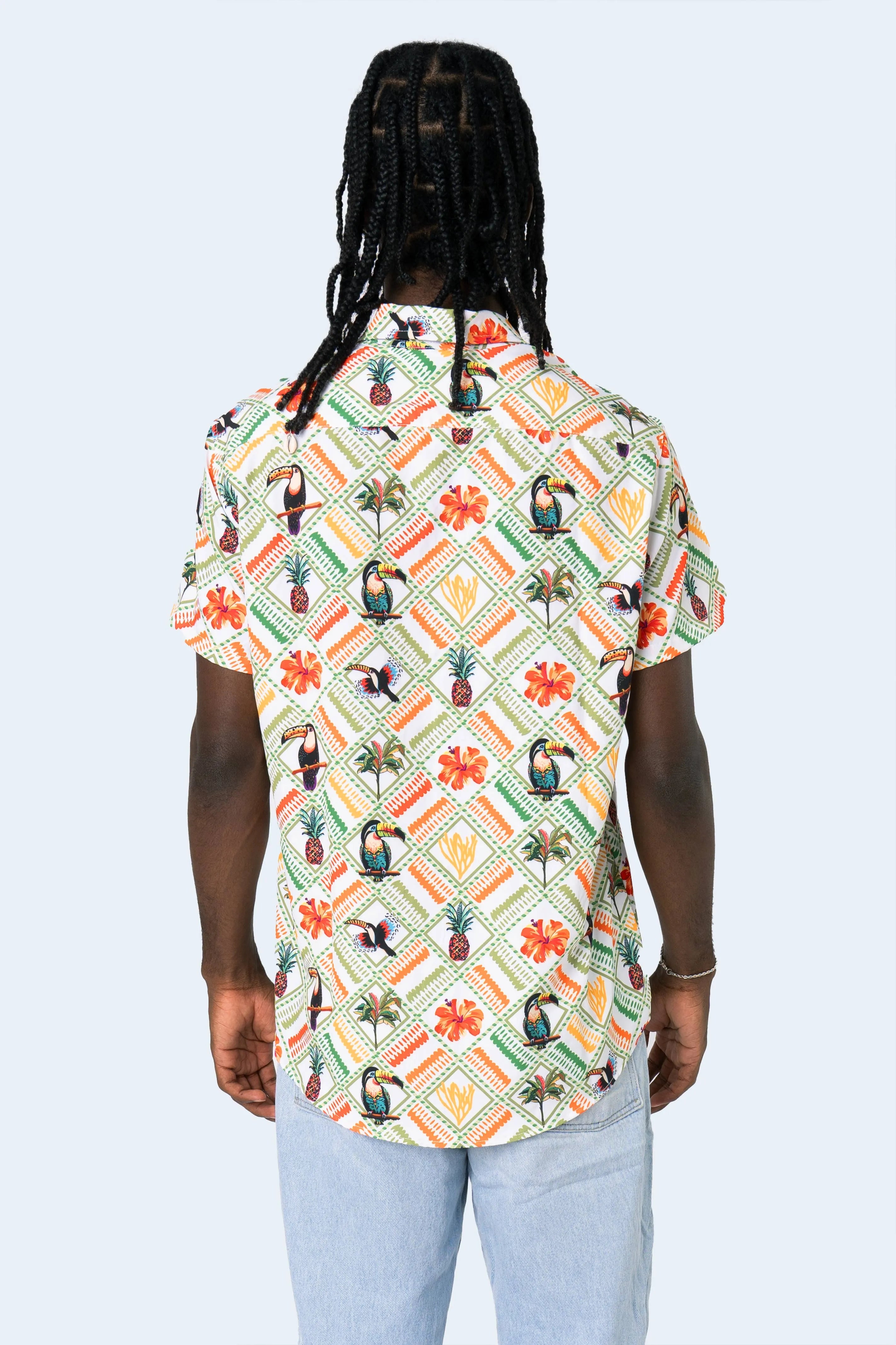 CAMISA DE BOTONES BLANCA TROPICAL MIX - PIXELCAMISETAS