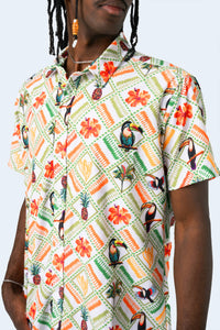 CAMISA DE BOTONES BLANCA TROPICAL MIX - PIXELCAMISETAS
