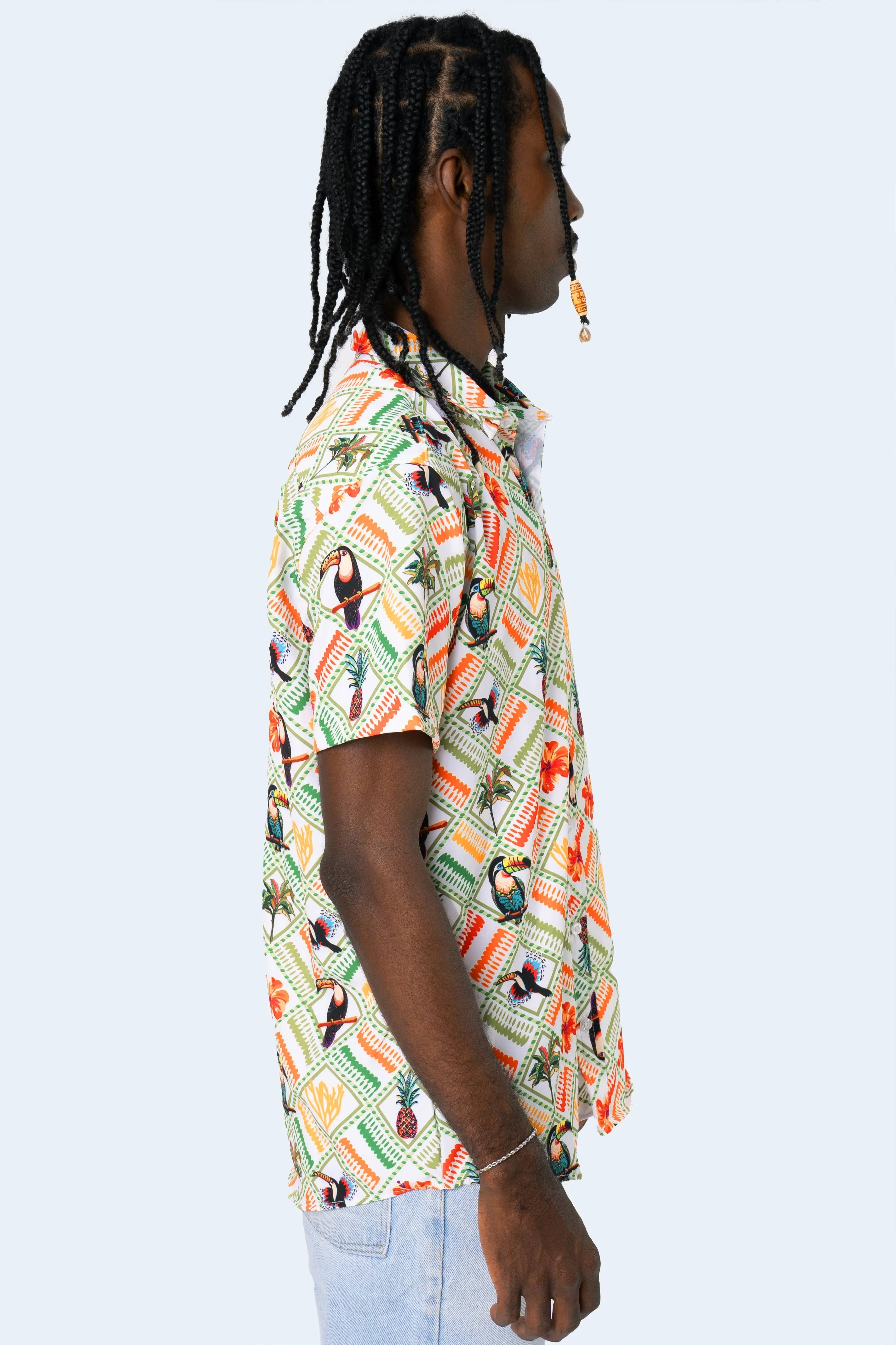 CAMISA DE BOTONES BLANCA TROPICAL MIX - PIXELCAMISETAS